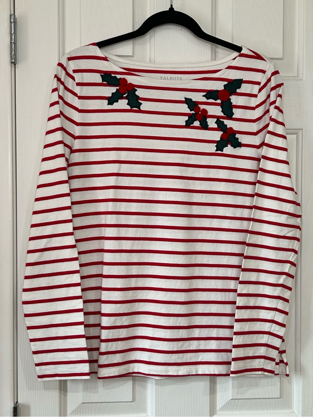 Talbots Red & White Striped Holly Berry Christmas Long Sleeve Top Medium